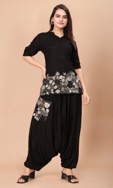 Stylish Afghani Black Viscose Slub Boho Embroidery Co-ord Set