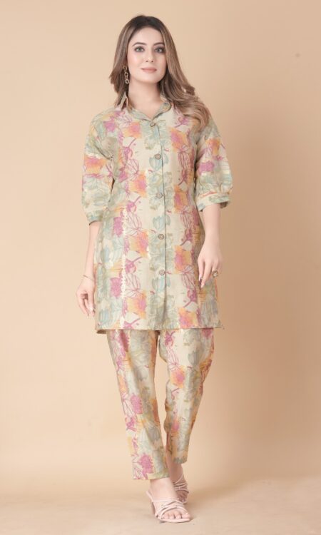 Foil Printed Multi-Color Flower Print Co-Ord Set