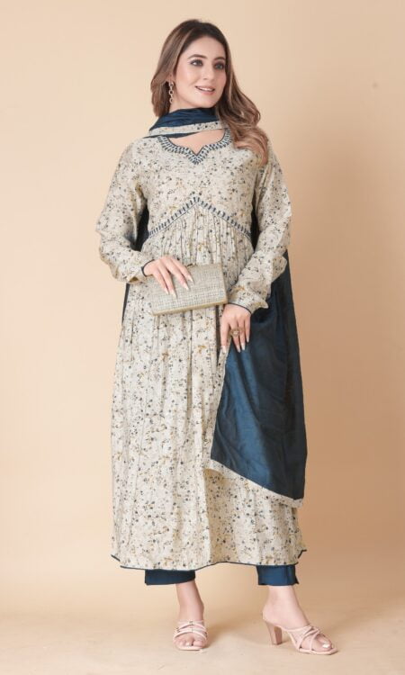 Off White Blue Print Nayra Cut Kurta Set With Dupatta