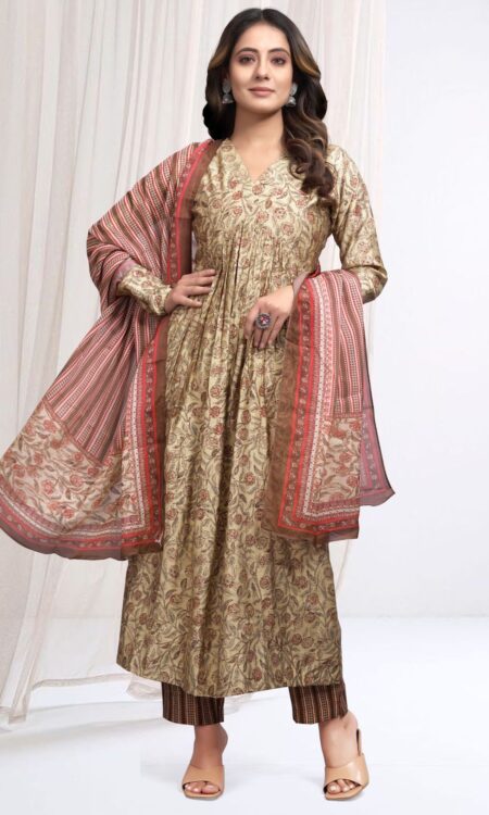 Multi-Color on Light Camel Shade Nayra Cut Kurta Set With Dupatta
