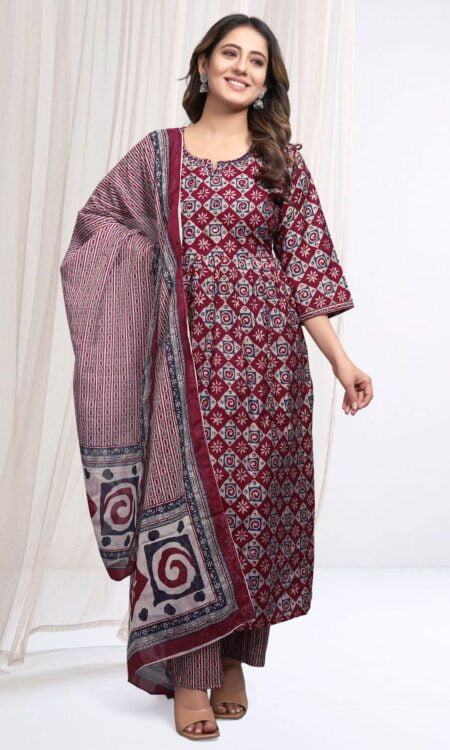 Magenta with Blue Nayra Cut Kurta Set With Dupatta