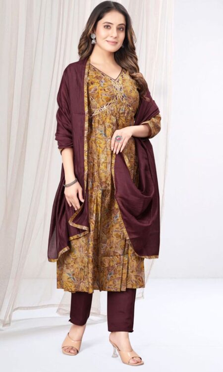 Mustard Modal Silk Aliya Cut Kurta Set With Dupatta