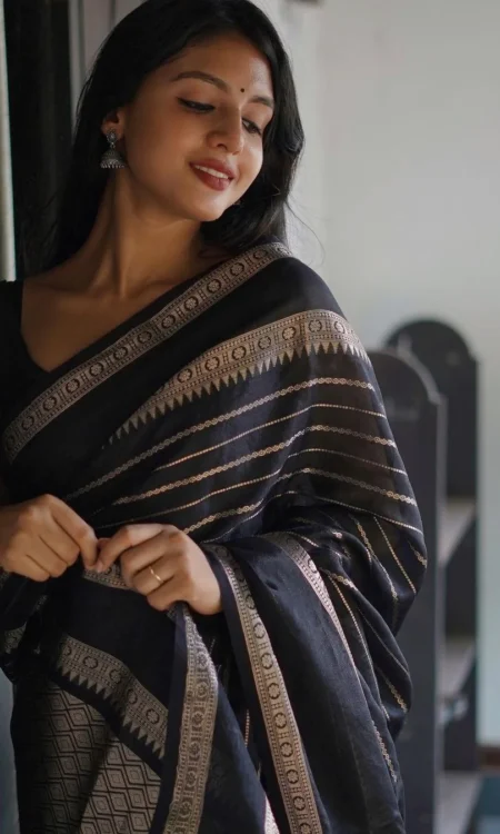 Black & Silver Pure Soft Semi-Silk Saree with Stylish Blouse Piece