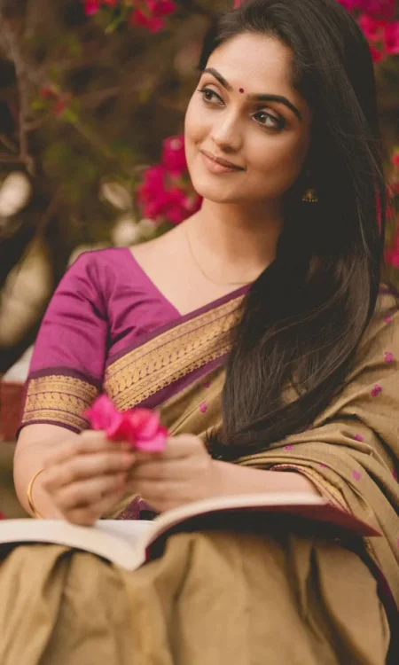 Chickoo (Sepia) with Purple Combination Pure Soft Semi Silk Saree with Attractive Blouse Piece