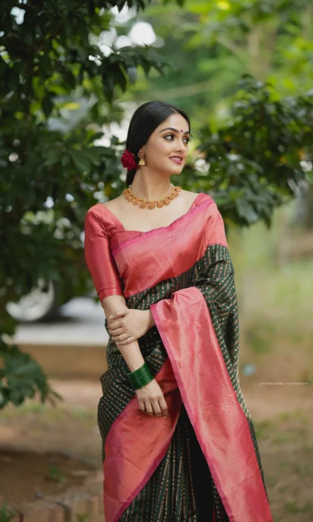 Dark Green with Peach Pure Soft Semi Silk Saree with Blouse Piece