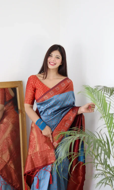 Firozi Soft Semi-Silk Saree with Alluring Maroon Blouse Piece