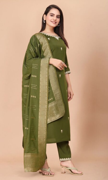 Mehndi Green Embroidered Viscose Silk Kurta Set with Trousers & Dupatta