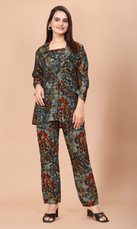 Multi-Coloured Floral Printed Modal Silk 3-Piece Co-ord Set