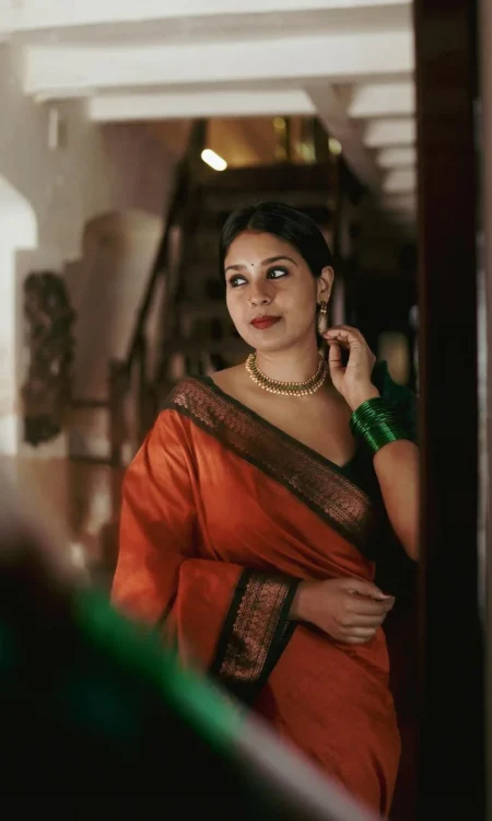Orange & Dark Green Combination Pure Soft Semi Silk Saree with Attractive Blouse Piece