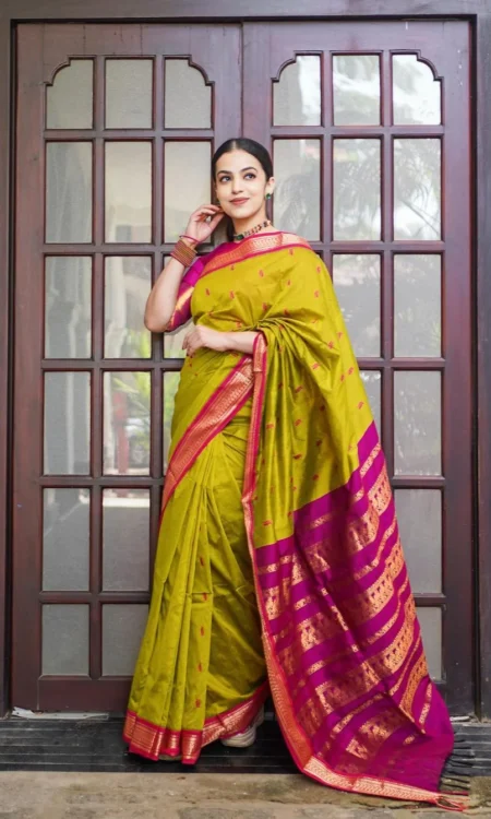 Parrot Green & Pink Pure Soft Semi Silk Saree with Attractive Blouse Piece