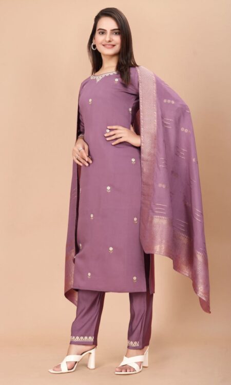 Pastel Purple Embroidered Viscose Silk Kurta Set with Trousers & Dupatta