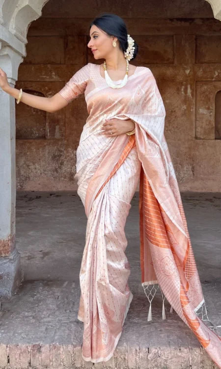 Stunning Cream Colour Saree Comes With Heavy Brocade Blouse