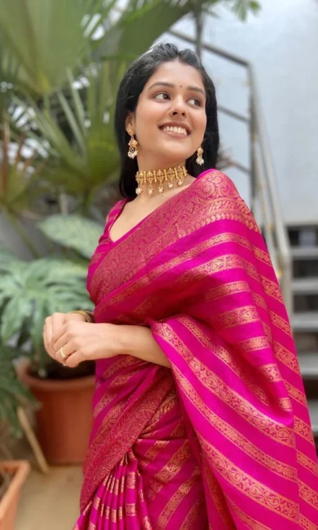 Pink Pure Semi Silk Saree Weaved with Copper Zari with Blouse Piece