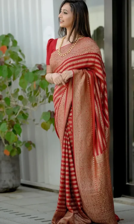 Red Pure Semi Silk Saree Weaved with Copper Zari with Blouse Piece