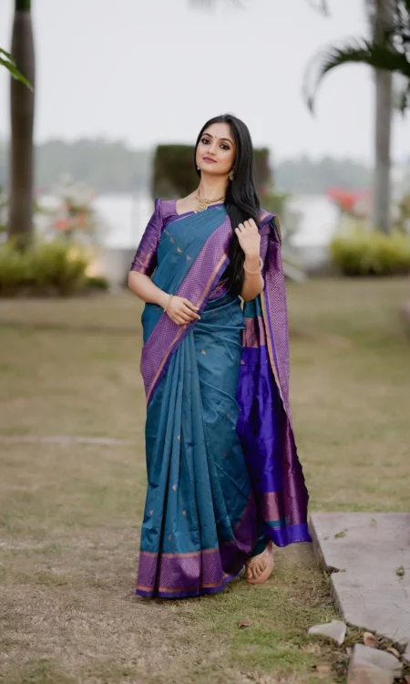 Royal Blue & Rama Dual Tone Pure Soft Semi Silk Saree with Alluring Blouse Piece