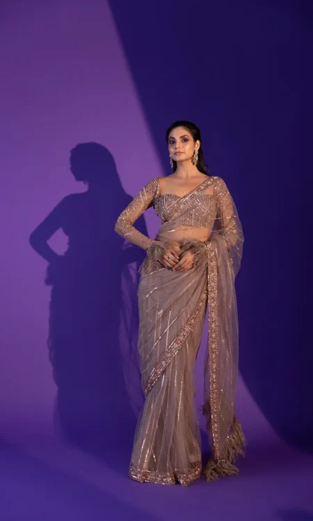 Dusty Grey Heavy Nylon Butterfly Net Saree with Sequence and Thread Work