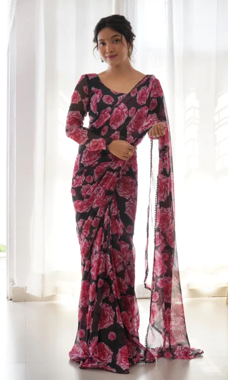 Elegant Ready-to-Wear Tebi Silk Organza Saree with Digital Print & Full Stitching