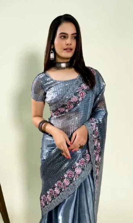 Gray Premium Jimmy cho Silk Saree with Heavy Embroidery and Sequins Work
