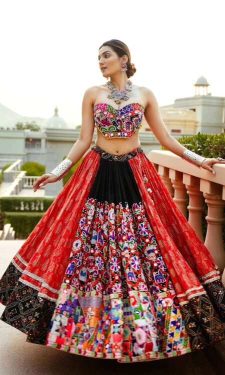 Designer Printed Orange and Black Lehenga Choli Set in Heavy Muslin Cotton