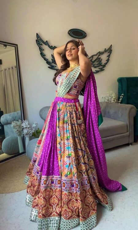 Designer Printed Multi-coloured Lehenga Choli in Muslin Cotton Magenta