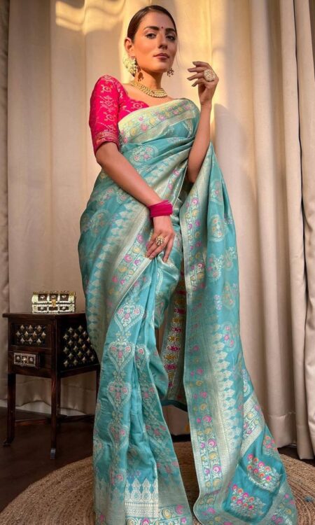 Turquoise Green Banarasi Soft Silk Saree with Zari Work and Solid Jacquard Weave