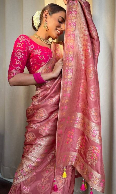 Orchid Pink Banarasi Soft Silk Saree with Zari Work and Solid Jacquard Weave