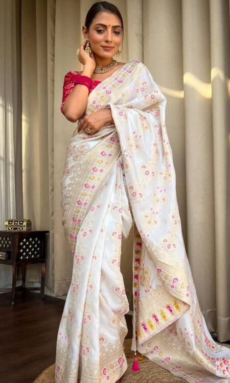 White Banarasi Soft Silk Saree with Zari Work and Solid Jacquard Weave