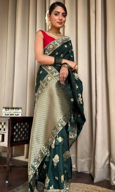 Green Banarasi Soft Silk Saree with Zari Work and Solid Jacquard Weave