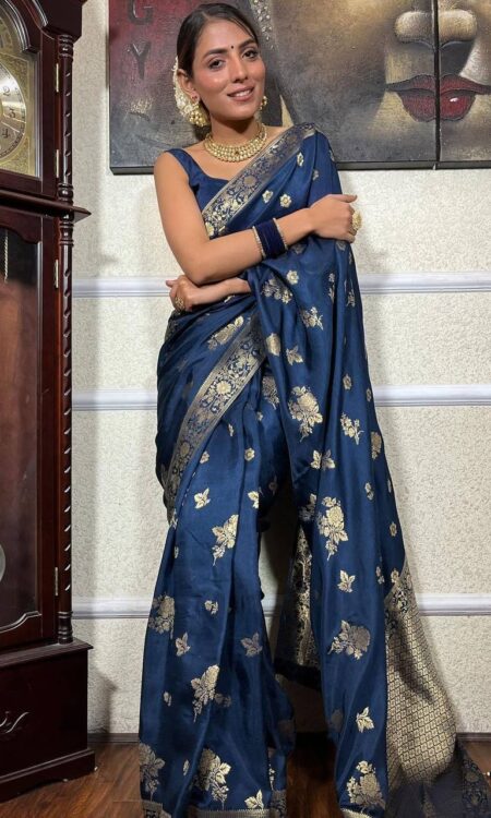 Blue Banarasi Soft Silk Saree with Zari Work and Solid Jacquard Weave