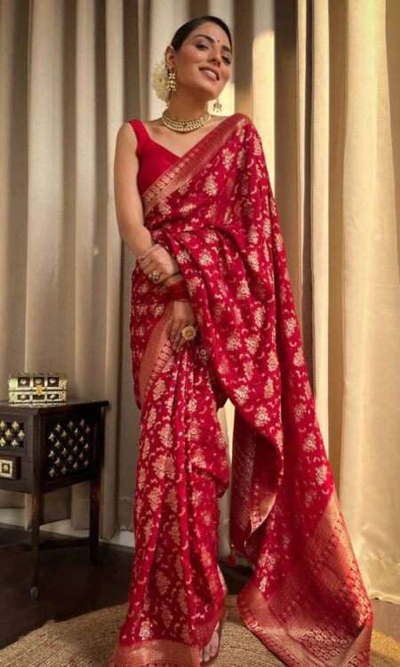 Red Banarasi Soft Silk Saree with Copper Zari Weaving and Brocade Blouse