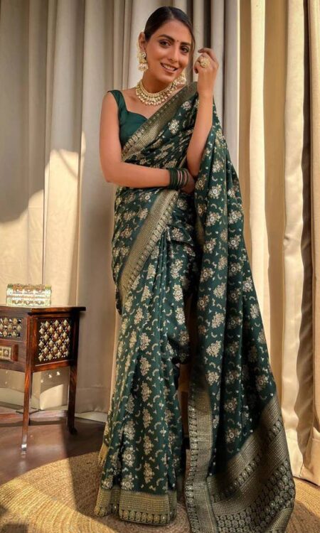 Dark Green Banarasi Soft Silk Saree with Copper Zari Weaving and Brocade Blouse