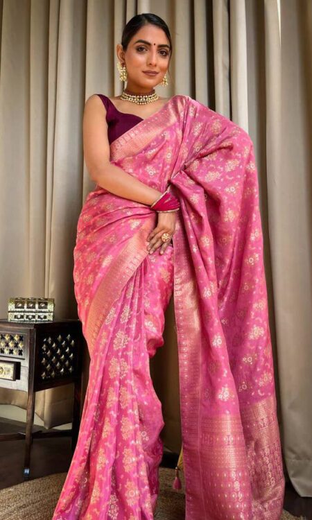 Baby Pink Banarasi Soft Silk Saree with Copper Zari Weaving and Brocade Blouse