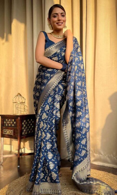 Blue Banarasi Soft Silk Saree with Copper Zari Weaving and Brocade Blouse