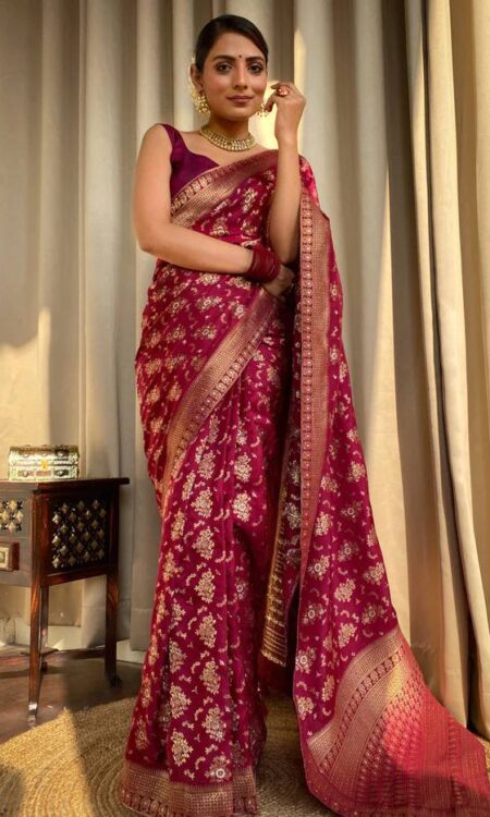 Wine Banarasi Soft Silk Saree with Copper Zari Weaving and Brocade Blouse