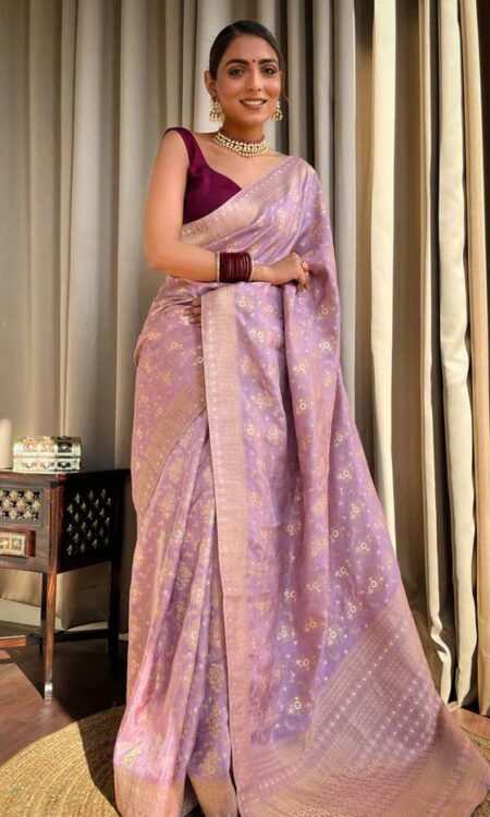 Lavender Banarasi Soft Silk Saree with Copper Zari Weaving and Brocade Blouse