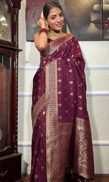 Wine Banarasi Soft Silk Saree with Copper Zari Weaving and Heavy Brocade Blouse