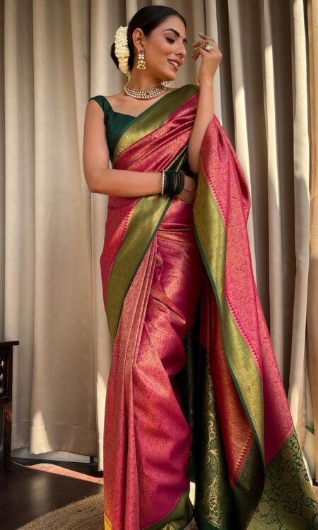 Pink & Green Banarasi Soft Silk Saree with Copper Zari Weaving and Heavy Brocade Blouse