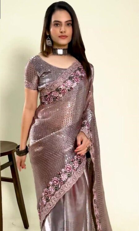 Peach Premium Jimmy cho Silk Saree with Heavy Embroidery and Sequins Work