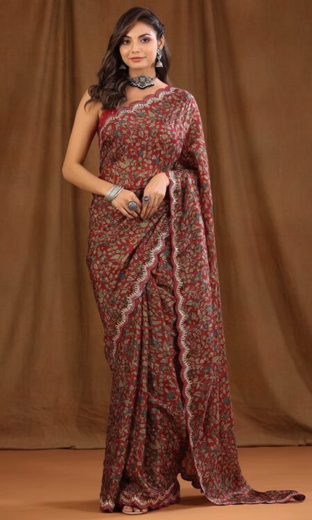 Red Vichitra Silk Saree with Floral Digital Print and Gota Embroidery Border