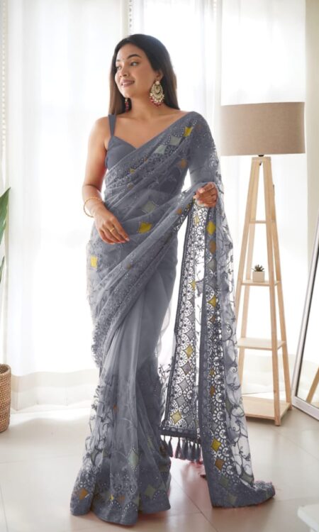 Gray Heavy Butterfly Net Saree with Aari Embroidery and Stone Work