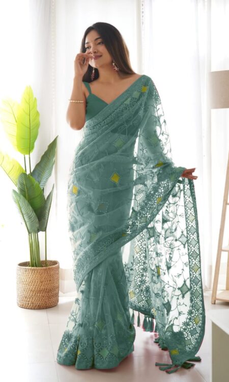 Teal Heavy Butterfly Net Saree with Aari Embroidery and Stone Work