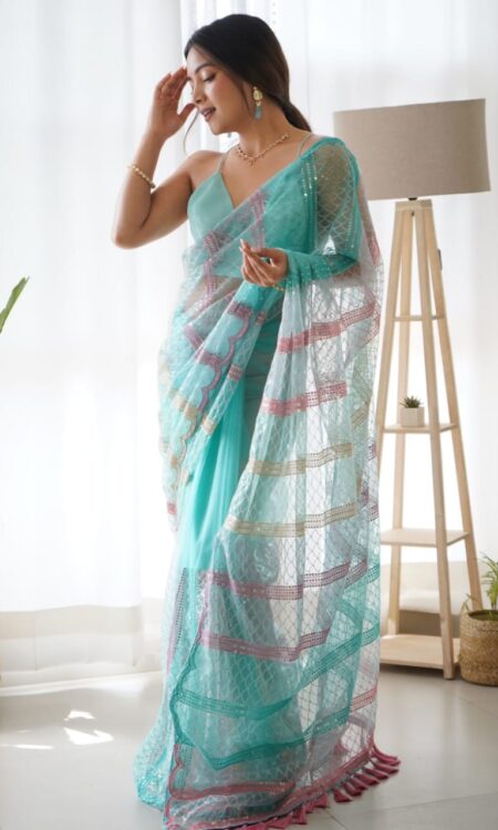 Firozi Heavy Butterfly Net Saree with Multicolored Thread and Sequence Embroidery Work