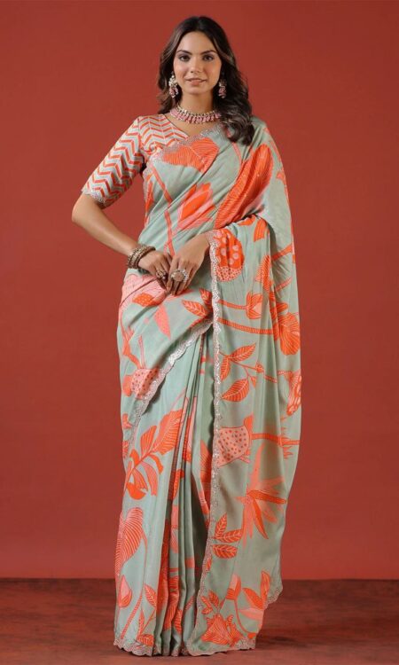Designer Floral Digital Print Saree with Sequence Embroidery Work
