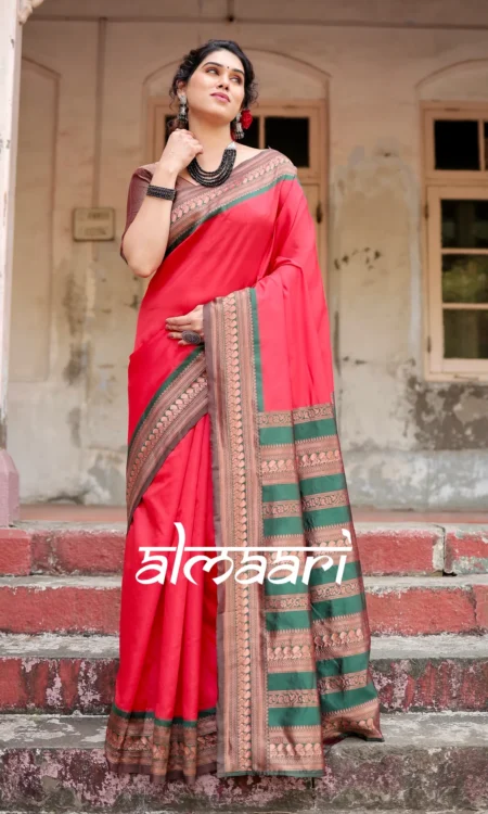Red and Dark Green Pure Soft Semi Silk Saree with Attractive Blouse Piece Special